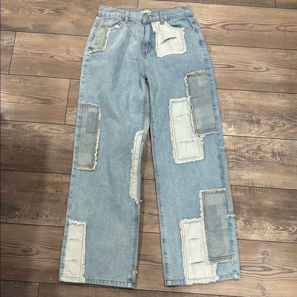 Pol Contrast Patchwork Raw Hem Straight Jeans Lig… - image 3